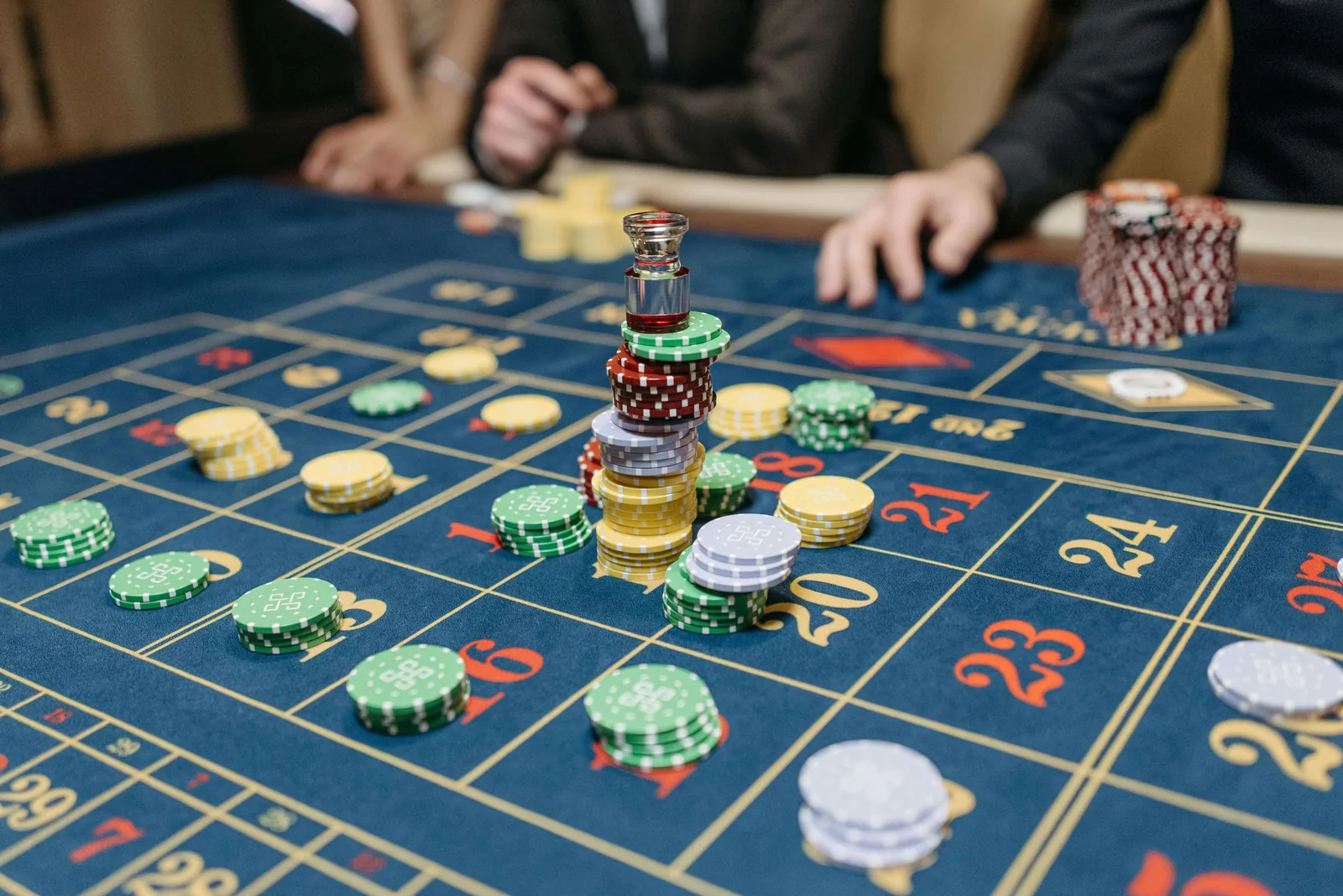 A casino table layout in printed Velvetine, chips and felt visible at close range